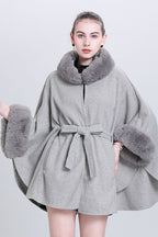 Fur Collar Tie Knitted Cardigan Loose Wool Blend Cape Coat