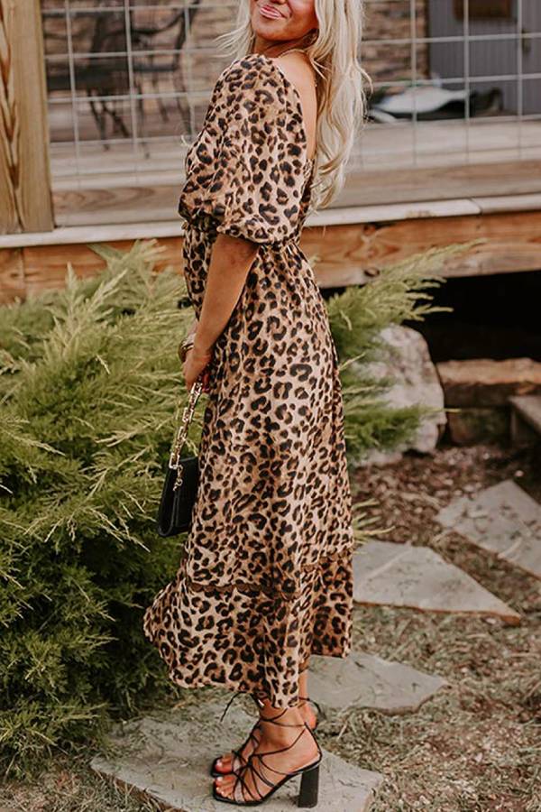 Abigail Exclusive Brown Leopard Print Ricrac Puff Sleeve Maxi Dress Boutique Collection
