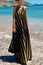 Striped Print V-Neck Loose Beach Vacation Maxi Dress