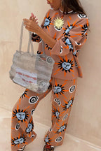 Mediterranean Art Knit Unique Sun Vortex Print Elastic Waist Wide Leg Pants