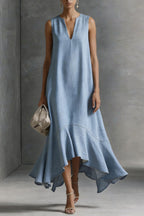 Stylish V-neck Sleeveless Loose-fitting Irregular Denim Midi Dress