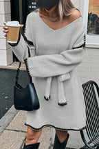 Stylish Loose-fitting Long-sleeved Tie-waist Knit Mini Dress