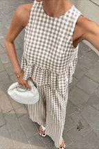 Plaid Ruffle Hem Round Neck Sleeveless Skirt Set