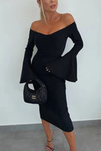 Solid Color Sexy Off-shoulder Trumpet Sleeve Slim Midi Dress