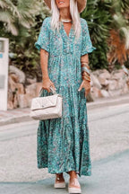 Sky Blue Paisley Print Split V Neck Tiered Boho Maxi Dress