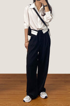 Black Contrast Foldover Waist Wide Leg Pants
