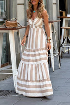 Spaghetti Strap V-Neck Striped Waist-Cinched Tiered Maxi Dress
