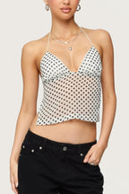 Polka Dot Backless Halter Slim Blouse