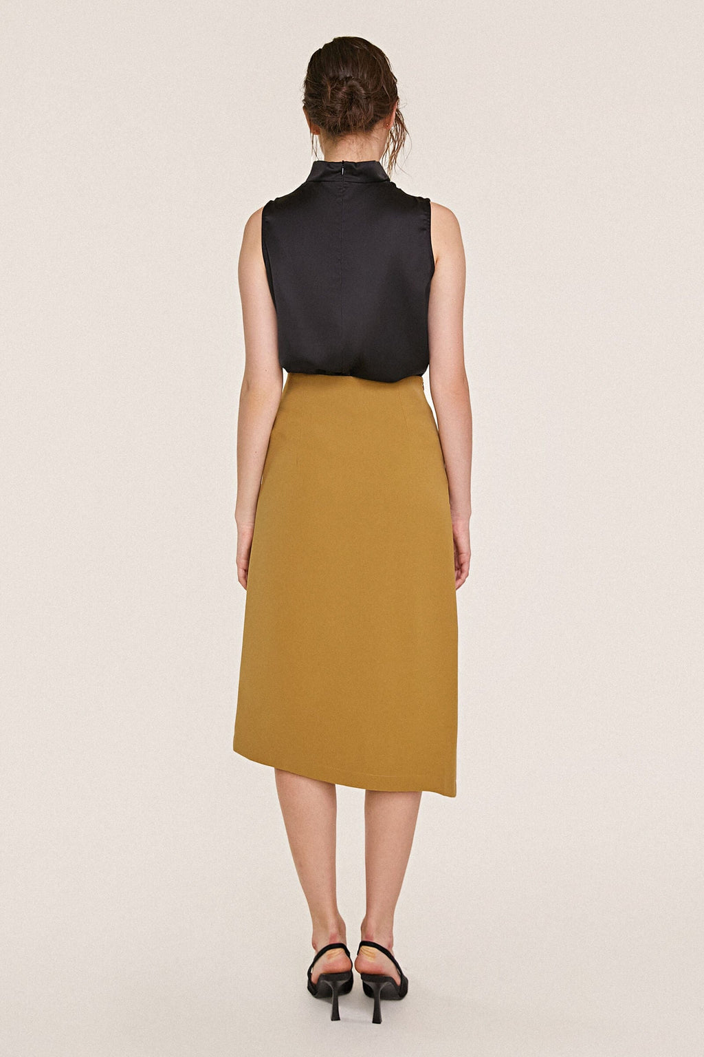 Black Sleeveless High Draped Neck Satin Work Blouse