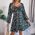 Elizabeth Minimalist Long Sleeved Floral Lantern Mini Dress Chic Silhouette Collection