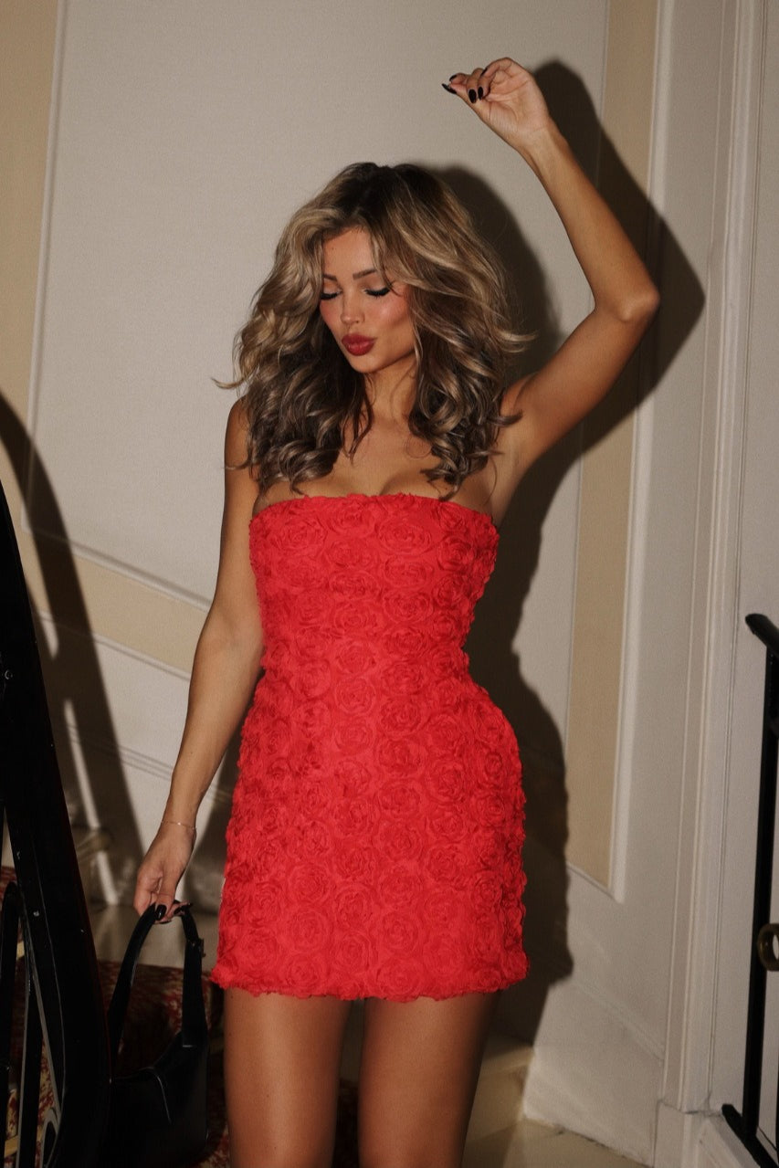 Strapless 3D Floral Bodycon Slim Floral Dress