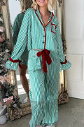Striped Printed Color-blocked Trim Long-sleeved Loose Top and Elastic Waist Belt Wide-leg Pants Set