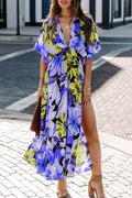 V-Neck Floral Print Waist-Tie Slit Maxi Dress