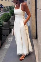 Halter Square Neck Side Button Fringe Flare Maxi Dress