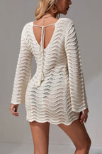 Solid Color Knitted V-neck Long-sleeved Slim-fit Beach Cover-up Mini Dress