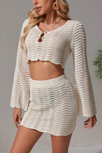 Solid Color V-neck Long-sleeved Cropped Top and Stretch Beach Mini Skirt Knitted Cover-up Set