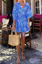 Fashion Stand Collar Shift Printed Resort Mini Dress