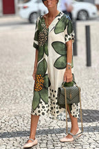 Green flower v-neck short-sleeved loose dress