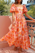 Yelena Effortless Printed Ruched a Line Dress with Puff Sleeves Premium Wardrobe Essential
