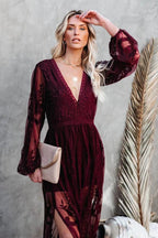 Embroidery V Neck Lace Maxi Boho Dress