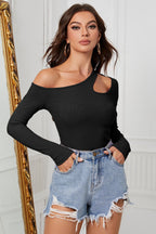 Slanted Neckline Bodycon Knit Top