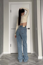 Asymmetric Elastic Waist Split Hem Denim Jeans