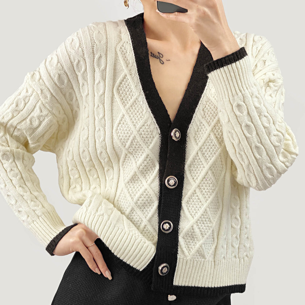 Beige Contrast V-Neck Knitted Cardigan