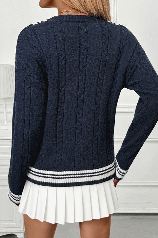 Contrast VNeck Cable Knit Sweater