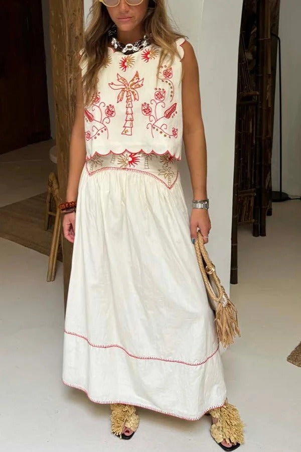 Sunny Day Linen Blend Contrast Embroidered Print Scallop Trim Lace-up Top
