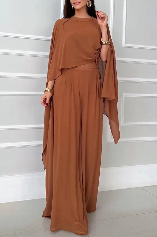Veronica Chiffon Cape Flowing Top and Elastic Waist Wide-Leg Pants Set