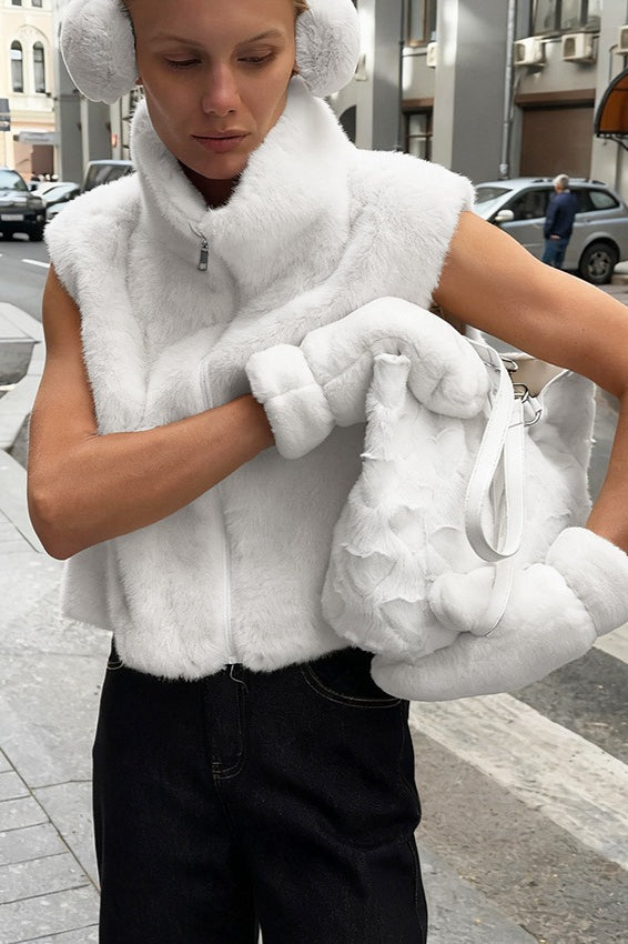 Solid Color Faux Fur Stand Collar Vest