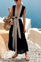 Fashionable Lock-edge Printed V-neck Lace-up Holiday Cover-up Robe