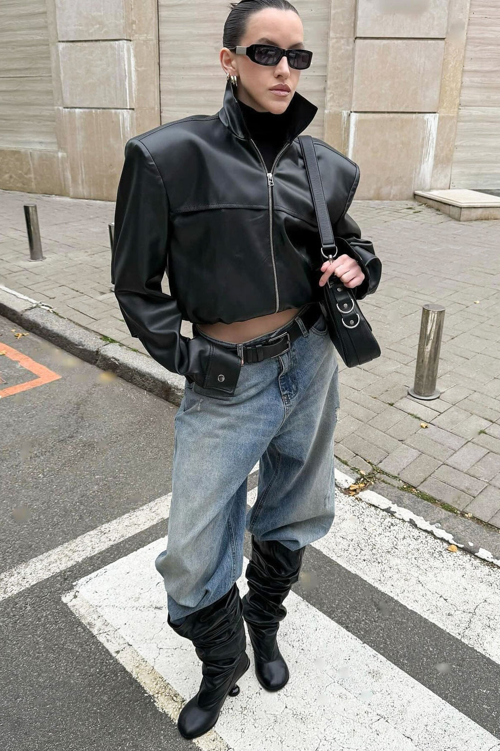 High Neck Leather Moto Jacket