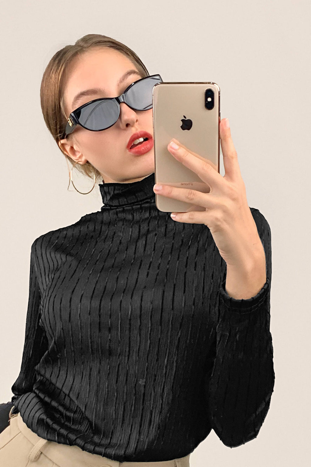 Black Textured Striped Turtleneck Top