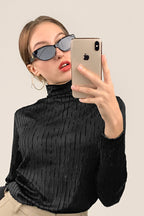 Black Textured Striped Turtleneck Top