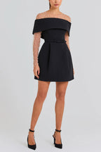 Elegant Evening Lapel Bandeau Removable Belt Pocketed Mini Dress