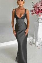 V-Neck Bone Detail Silk Dress