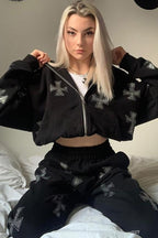 Cross Rhinestone Zip Loose Hoodie