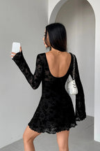 Flocked Floral Cutout Bow Long Sleeve Mini Dress