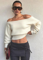 Off-Shoulder Cropped Knit Sweater – Minimalist Elegance