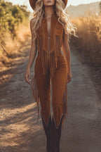 Fashionable Suede Sleeveless Zippered Slim-fit Tassel Casual Jumpsuit