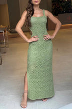 Zafina Crochet Knit Cutout Waist Texture Slit Stretch Maxi Dress
