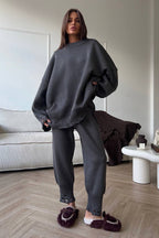Solid Distressed Knit Crew Neck Sweater Two Piece Set