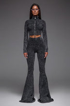 Sexy Zip Front Crop Top Flared Pants Set