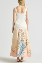 Jino Unique Lobster Print Square Neck Ruched Drape Hip Maxi Dress