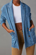 Notch Lapel Button Front Pocketed Denim Blazer