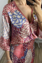 Satin Floral Print V-neck Half-sleeve Loose Top and Elegant Maxi Skirt Set