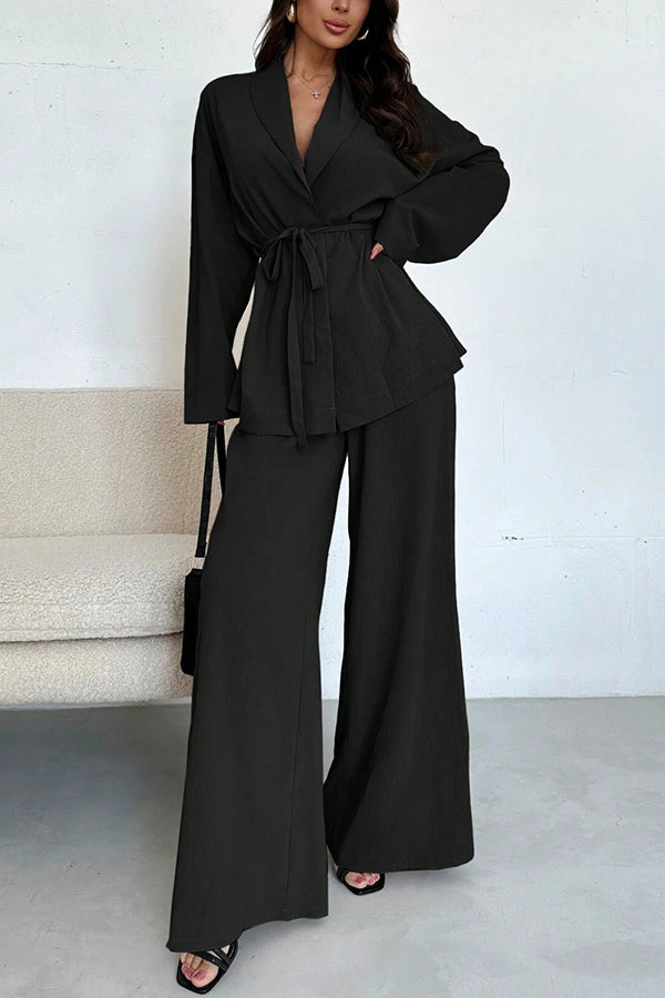 Solid Color Collared Long-sleeved Tie-waist Loose Top and Elastic Waist Casual Wide-leg Pants Set