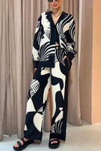 Graphic Printed Long Sleeve Blouse Shirt Wide Leg Pants 2 Pieces Set
