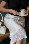 Satin Lace Trim Midi Skirt